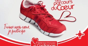 Affiche des Parcours du Cœur avec une chaussure de sport dont les lacets dessinent un cœur