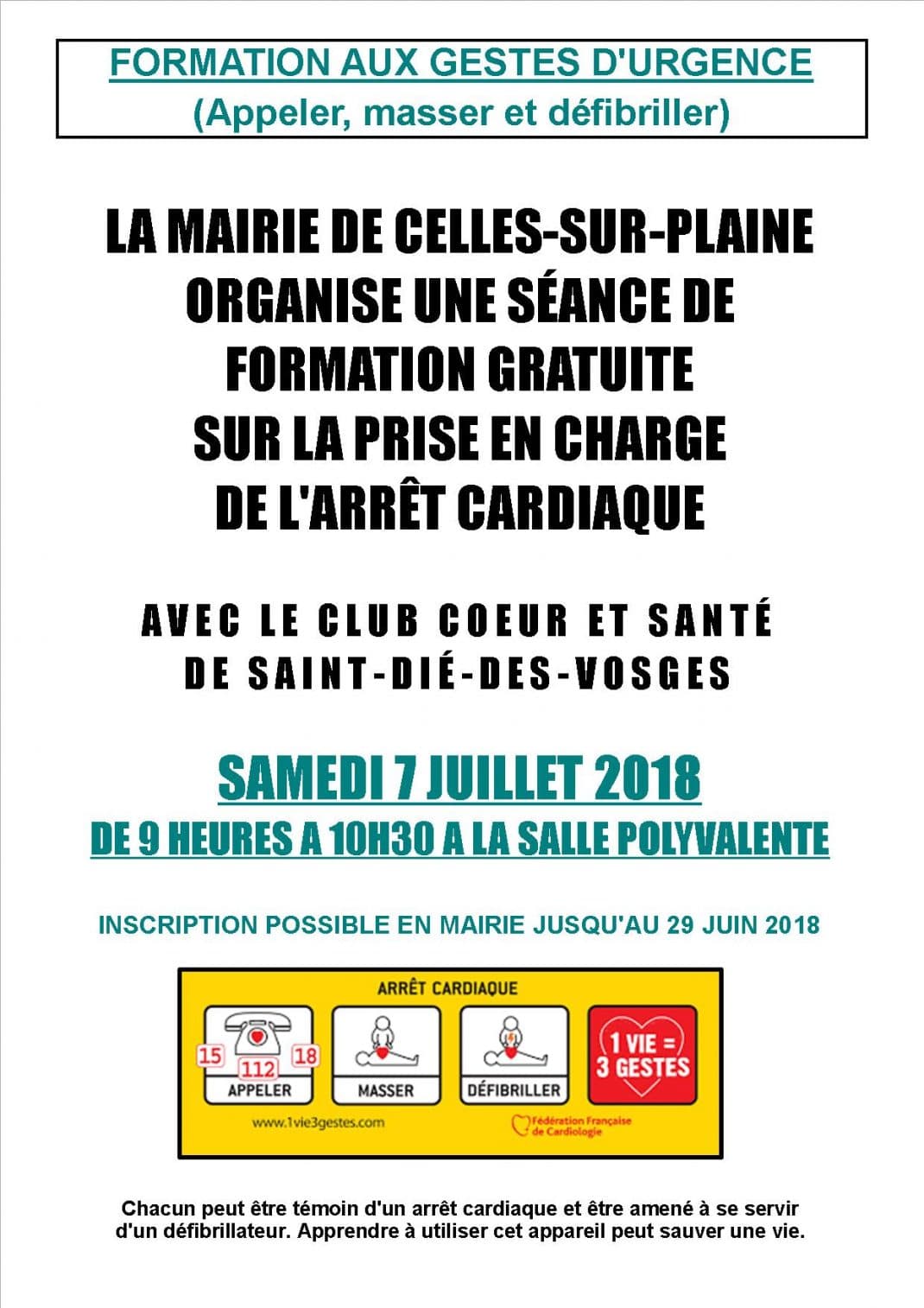 Affiche formation aux gestes d'urgence-Celles sur Plaine-07-07-2018