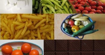 Photos de divers aliments (sucre, fruits, légumes, chocolat et frites)