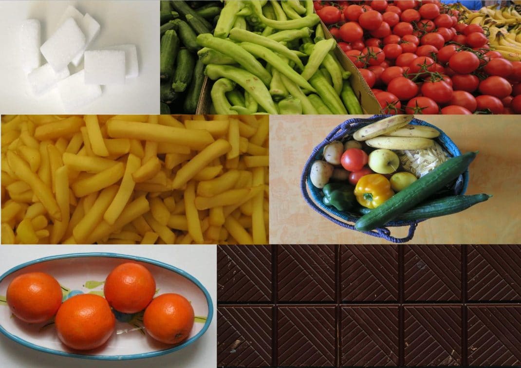 Photos de divers aliments (sucre, fruits, légumes, chocolat et frites)
