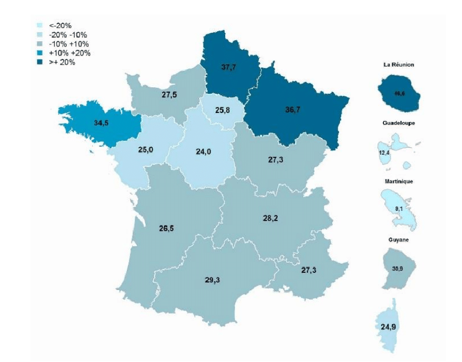 Carte des Taux régionaux de mortalité par BPCO en 2013-2014